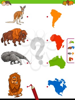 Cartoon Illustration of Educational Pictures Matching Game for Children with Wild Animals and Continents