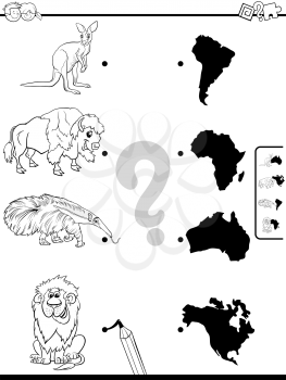 Black and White Cartoon Illustration of Educational Pictures Matching Game for Children with Wild Animals and Continents