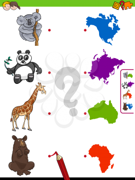 Cartoon Illustration of Educational Pictures Matching Game for Children with Animals and Continents