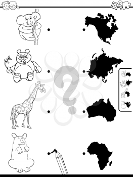 Black and White Cartoon Illustration of Educational Pictures Matching Game for Children with Animals and Continents