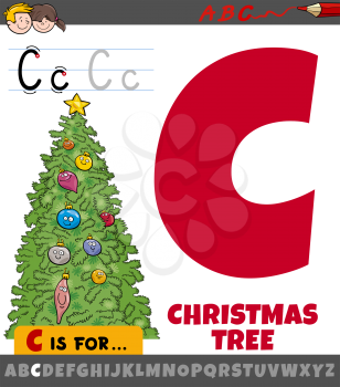 Educational cartoon illustration of letter C from alphabet with Christmas tree for children 