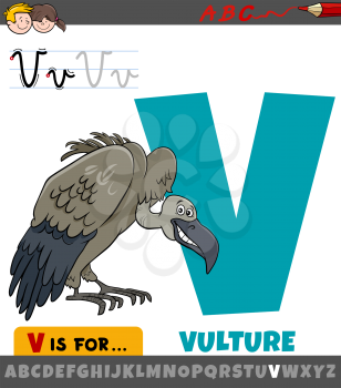 Educational Cartoon Illustration of Letter V from Alphabet with Vulture Bird Animal Character for Children 