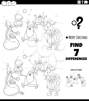 Black and white cartoon illustration of finding differences between pictures educational game for children with Christmas Santa characrters coloring book page