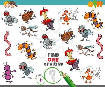 Cartoon Illustration of Find One of a Kind Picture Educational Game with Funny Insects Characters