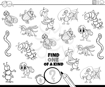 Black and White Cartoon Illustration of Find One of a Kind Picture Educational Game with Funny Insects Characters Coloring Book Page