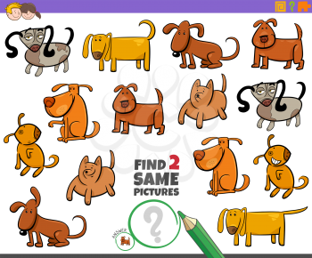 Cartoon Illustration of Finding Two Same Pictures Educational Activity Game for Children with Funny Dogs Pet Animal Characters