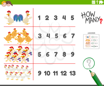 Cartoon illustration of educational counting activity for children with funny chickens farm animal characters