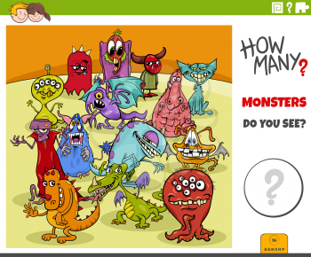 Illustration of educational counting game for children with cartoon monsters fantasy characters group