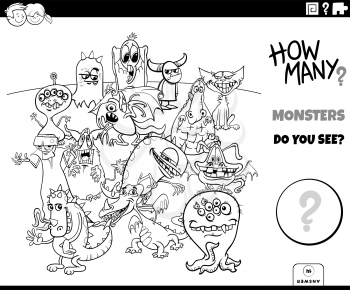 Black and white illustration of educational counting game for children with cartoon monsters fantasy characters group coloring book page