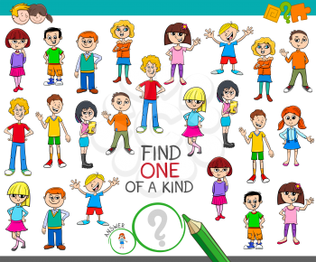 Cartoon Illustration of Find One of a Kind Picture Educational Activity Game with Children and Teenager Characters