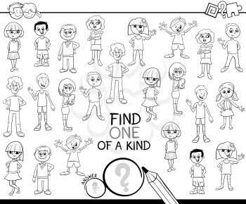 Black and White Cartoon Illustration of Find One of a Kind Picture Educational Activity Game with Children and Teenager Characters Coloring Book
