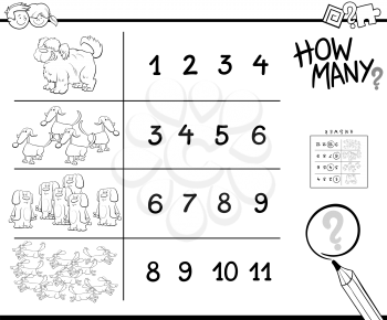 Black and White Cartoon Illustration of Educational Counting Activity for Children with Dogs Animal Characters Coloring Book