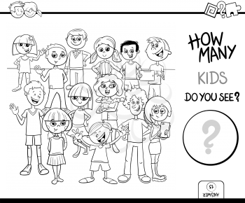 Black and White Cartoon Illustration of Educational Counting Activity Game with Children and Teen Characters Coloring Book