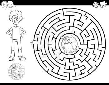Black and White Cartoon Illustration of Education Maze or Labyrinth Activity Game for Children with Boy and Dog Coloring Book