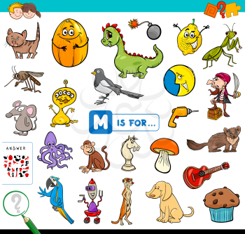 Cartoon Illustration of Finding Picture Starting with Letter M Educational Game Workbook for Children