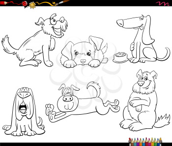 Black and white cartoon illustration of dogs comic characters set coloring book page