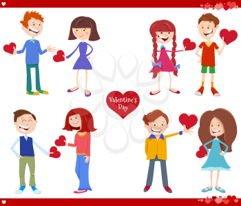 Greeting card cartoon illustration set with girls and boys in love with heart on Valentines Day holiday