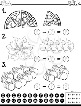 Black and White Cartoon Illustration of Educational Mathematical Subtraction Puzzle Task for Children with Objects Coloring Book