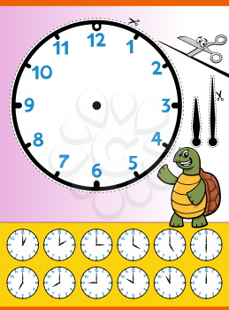 Cartoon illustrations of clock face telling time educational worksheet for kids