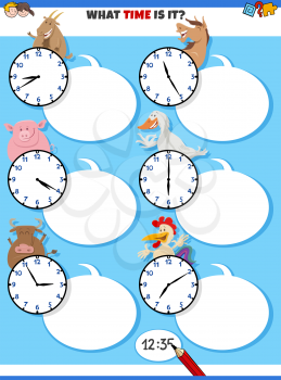 Cartoon illustrations of telling time educational task with clock faces and happy farm animal characters