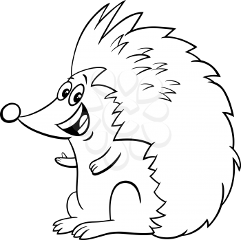 Black and white cartoon illustration of funny hedgehog wild animal character coloring book page