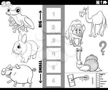 Black and white cartoon illustration of educational game of finding the biggest and the smallest animal species with funny characters for children coloring book page