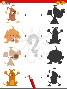 Cartoon Illustration of Find the Shadow Educational Game for Children with Funny Dog or Puppy Characters