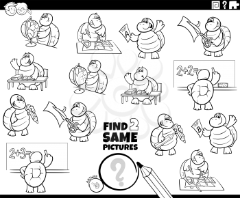 Black and White Cartoon Illustration of Finding Two Same Pictures Educational Game for Children with Pupil Turtle Characters Coloring Book Page