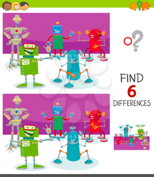 Cartoon Illustration of Finding Six Differences Between Pictures Educational Game for Children with Robot Characters Group