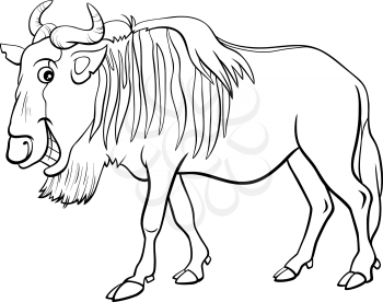 Black and White Cartoon Illustration of Gnu Antelope or Blue Wildebeest African Wild Animal Character Coloring Book Page