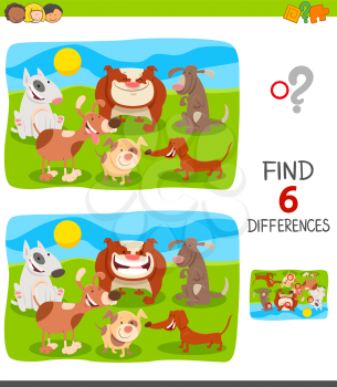 Cartoon Illustration of Finding Six Differences Between Pictures Educational Game for Children with Dogs and Puppies Characters Group