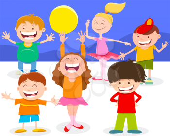 Cartoon Illustration of Happy Elementary Age Kids or Teen Characters Group