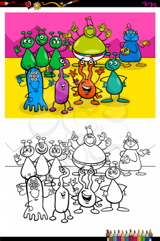 Cartoon Illustration of Funny Aliens Characters Coloring Book Activity