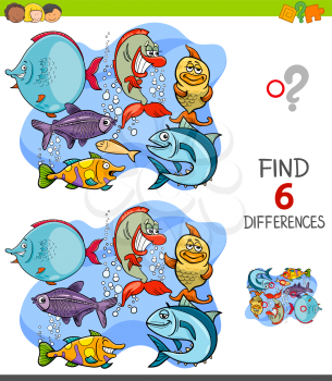 Cartoon Illustration of Finding Six Differences Between Pictures Educational Game for Children with Funny Fish in the Water