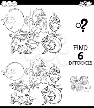 Black and White Cartoon Illustration of Finding Six Differences Between Pictures Educational Game for Children with Funny Fish in the Water Coloring Book