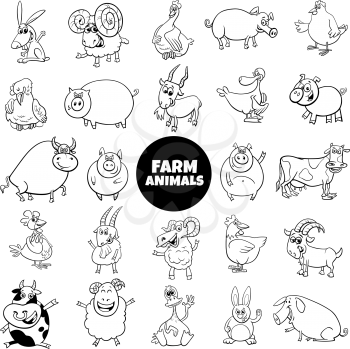 Black and White Cartoon Illustration of Funny Farm Animal Characters Large Set