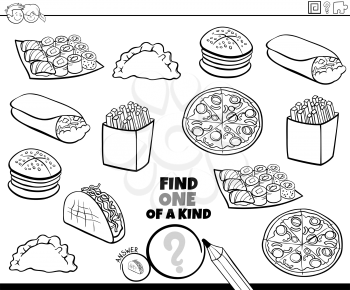 Black and White Cartoon Illustration of Find One of a Kind Picture Educational Game with Food Objects Coloring Book Page