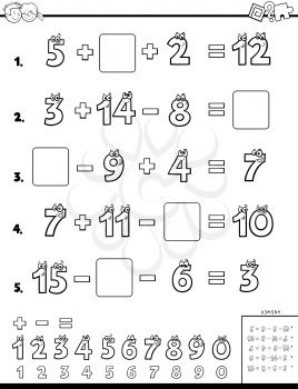 Black and White Cartoon Illustration of Educational Mathematical Calculation Page for Children Coloring Book