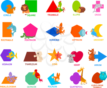 Cartoon Illustration of Educational Basic Geometric Shapes for Preschool or Elementary School Children with Cute Animal Characters