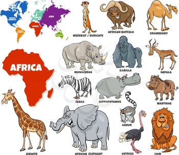 Educational Cartoon Illustration of African Animals Set and World Map with Continents Shapes