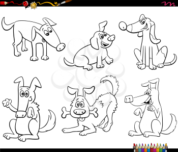 Black and White Cartoon Illustration of Funny Playful Dogs and Puppies Comic Animal Characters Set Coloring Book Page