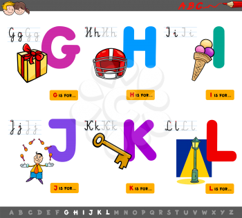 Cartoon Illustration of Capital Letters Alphabet Educational Set for Reading and Writing Learning for Kids from G to L
