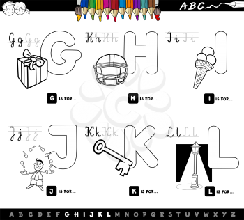 Black and White Cartoon Illustration of Capital Letters Alphabet Educational Set for Reading and Writing Learning for Kids from G to L Coloring Book