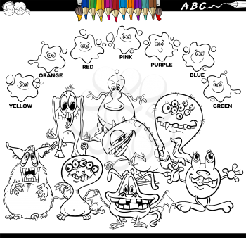 Black and White Educational Cartoon Illustration of Basic Colors with Fantasy Monsters Characters Group Coloring Book Page