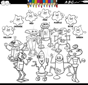 Black and White Educational Cartoon Illustration of Basic Colors with Robots and Droids Characters Group Coloring Book Page