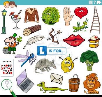 Cartoon Illustration of Finding Picture Starting with Letter L Educational Task Worksheet for Children with Objects and Comic Characters