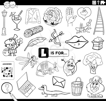 Black and White Cartoon Illustration of Finding Picture Starting with Letter L Educational Task Worksheet for Children with Objects and Comic Characters Coloring Book Page