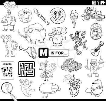 Black and White Cartoon Illustration of Finding Picture Starting with Letter M Educational Task Worksheet for Children with Objects and Comic Characters Coloring Book Page