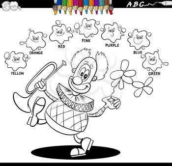 Black and White Cartoon Illustration of Basic Colors Educational Worksheet with Funny Clown Character Coloring Book