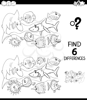 Black and White Cartoon Illustration of Finding Six Differences Between Pictures Educational Game for Children with Happy Fish in the Water Coloring Book